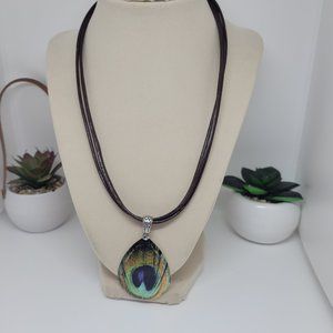 3 Strand Distressed Leather necklace with peacock pendant